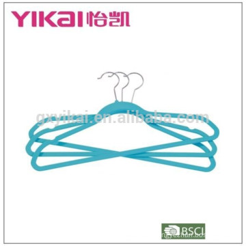 Well-known flocking plastic clothes hanger with notches and bar in dark turquoise